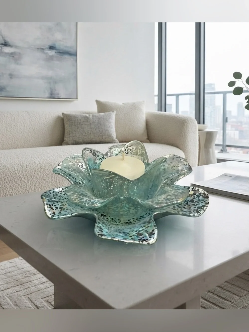 Vintage Petal Glass Votive Candle Holder: Blue Splatter Paint, 7